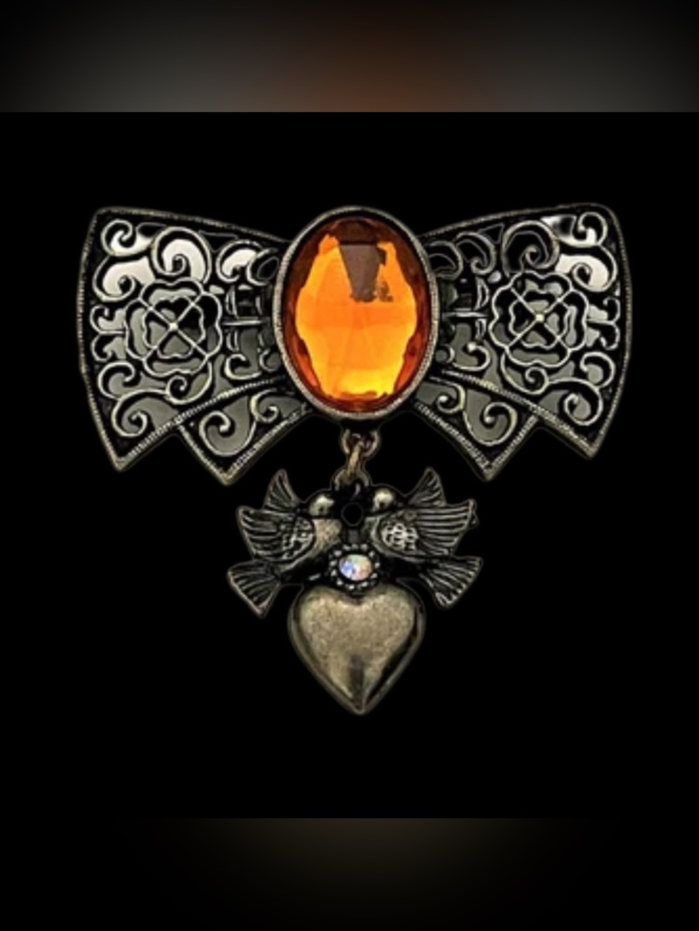 Vintage EUC Heart Dangle Brooch / Antiqued Brass Bow Heart Crystal  Brooch